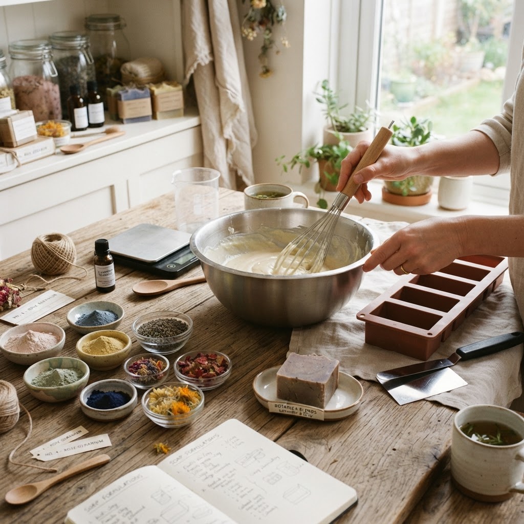 A lifestyle shot of a home workspace for a soap maker. A wooden table holds a stainless steel bowl, a silicone mold, and