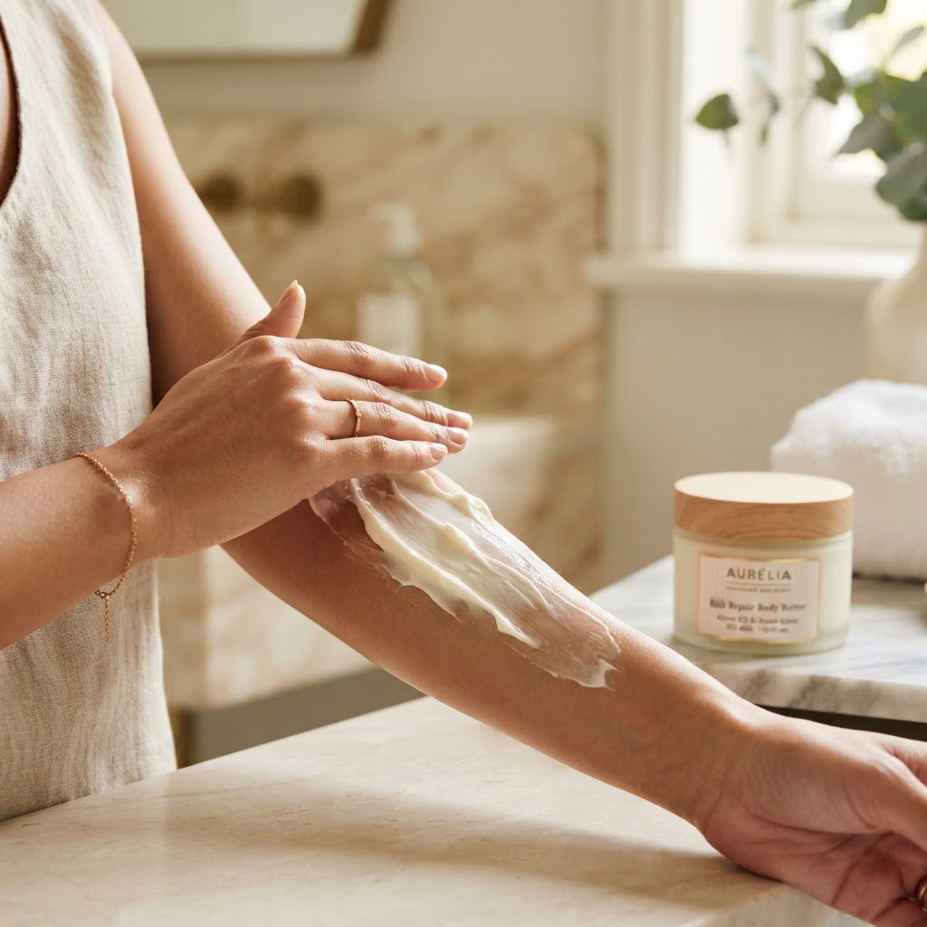 Close-up of a person's hands applying a rich, creamy body butter to their arm, soft focus background, natural lighting, 