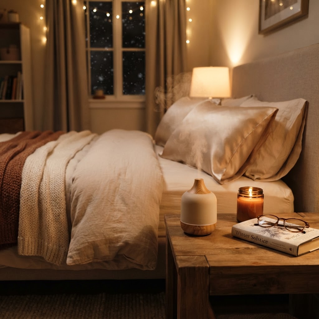 A cozy indoor scene featuring a humidifier emitting a soft mist next to a bed with silk pillowcases. A lit candle and a 