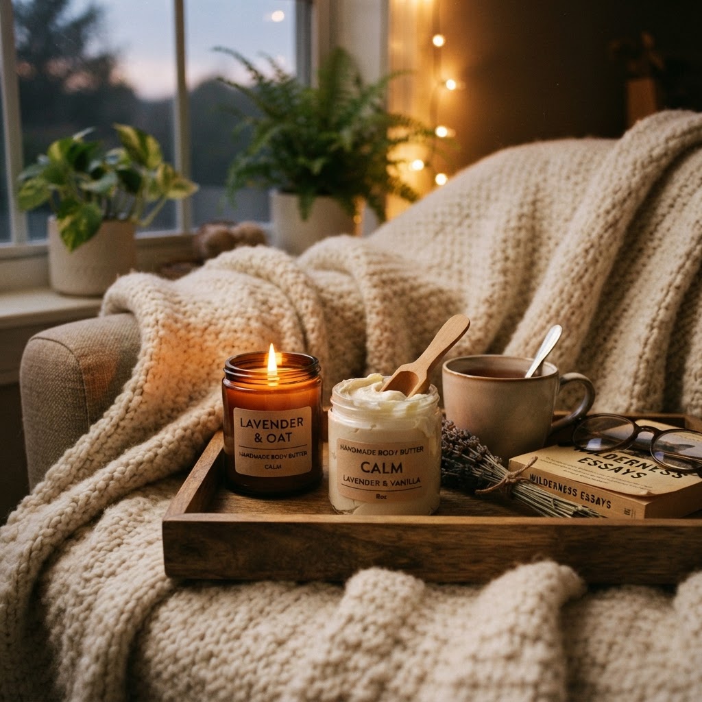 A cozy self-care scene featuring a burning candle, a soft blanket, and a jar of handmade body butter, warm and inviting.