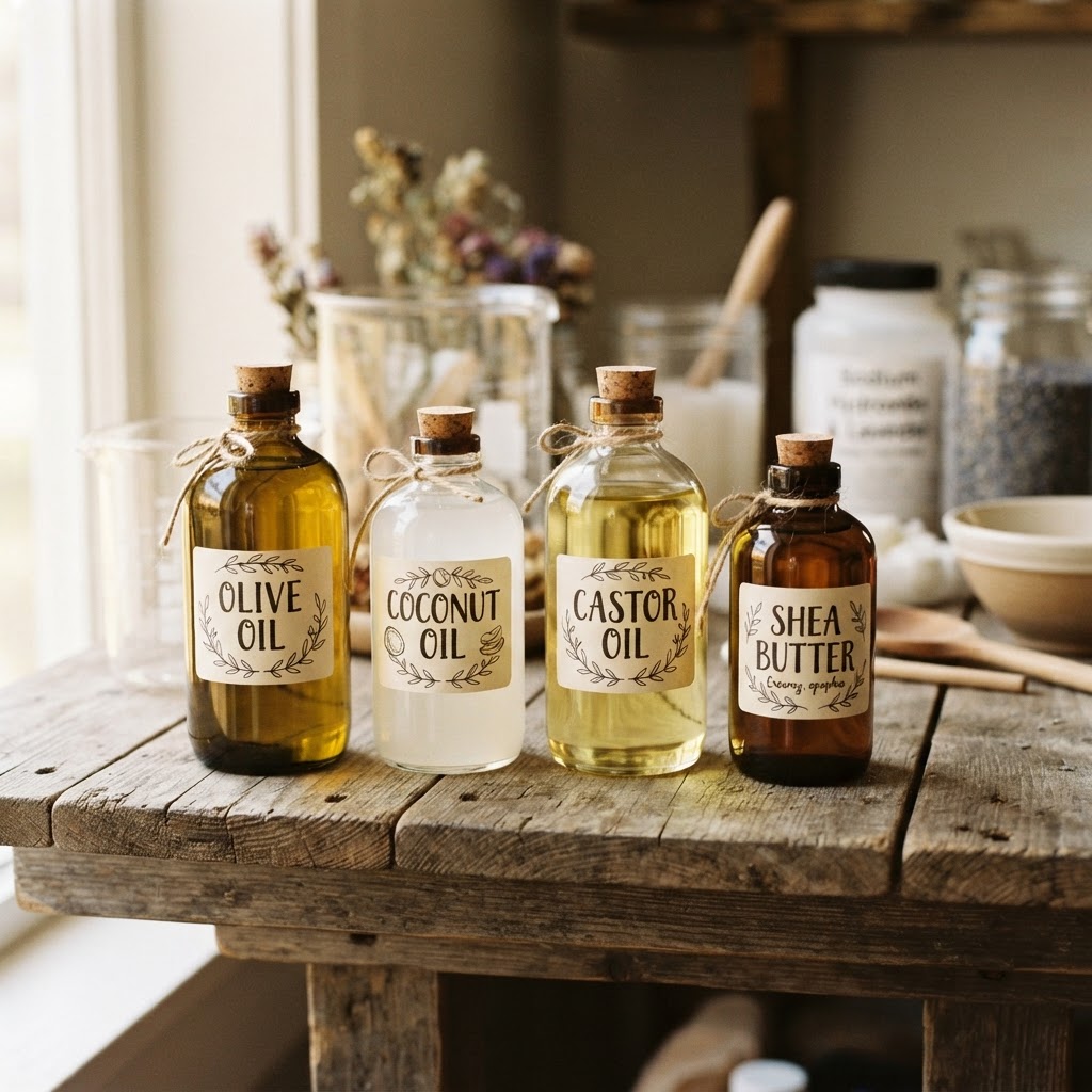 Row of glass bottles with natural carrier oils on a wooden shelf