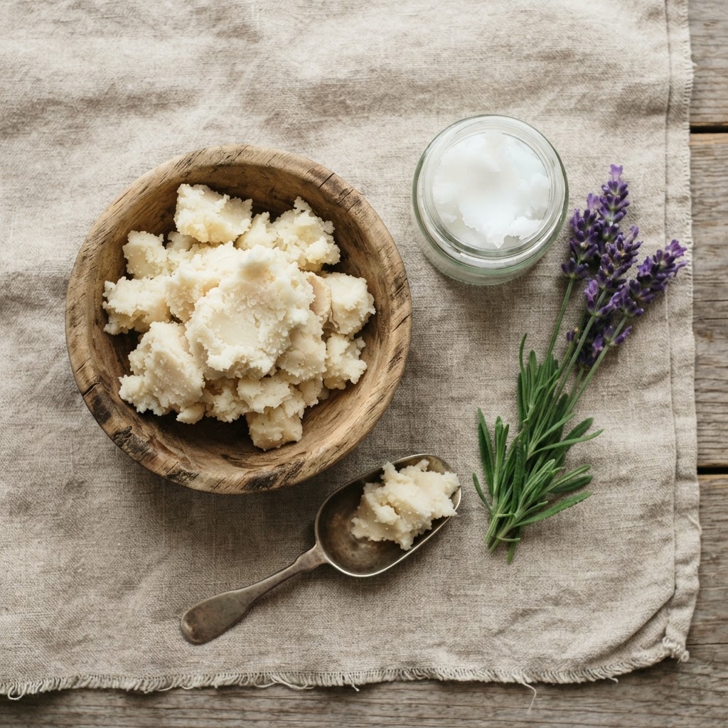 A flat lay of natural ingredients: a wooden bowl of raw ivory shea butter, a small jar of solid white coconut oil, and a