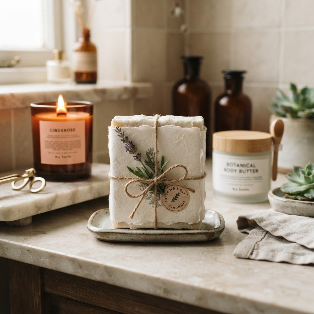 A beautifully packaged handmade soap bar wrapped in textured cream paper with a simple twine bow and a botanical sprig t