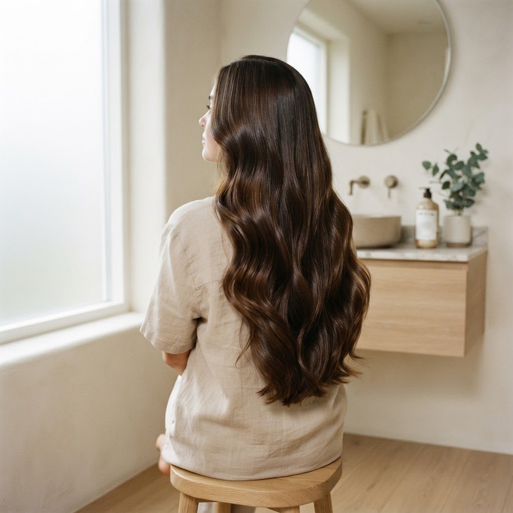 A person with healthy, shiny hair in a serene bathroom setting, soft lighting, focus on the texture of the hair, minimal
