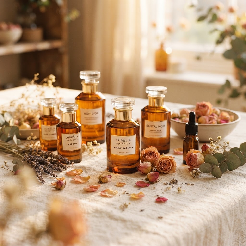 Collection of amber fragrance bottles with dried botanicals on cream linen
