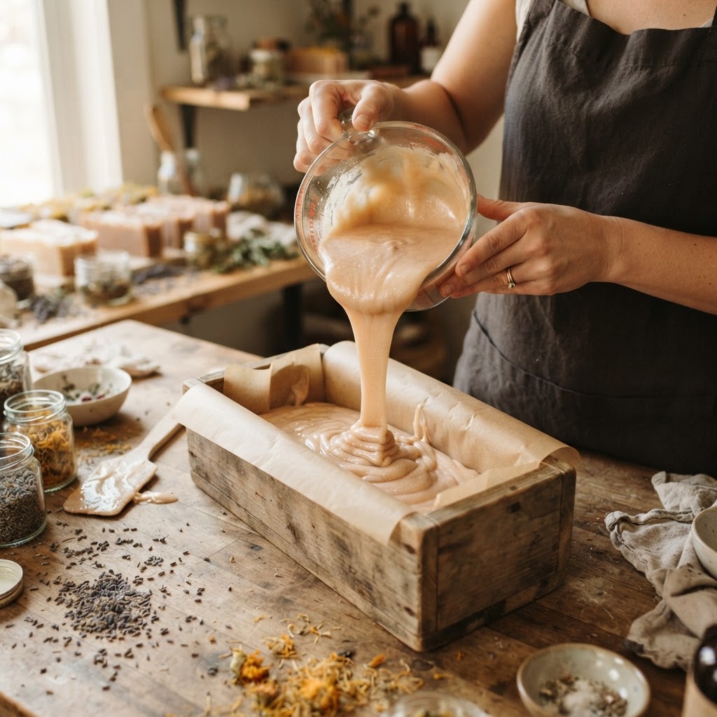 A 'pour' shot showing thick, creamy soap batter being poured into a wooden loaf mold. The texture is like thick pudding,