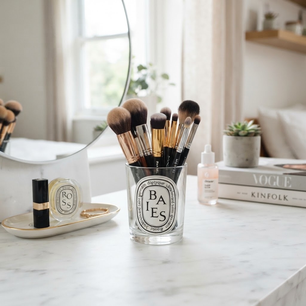 A repurposed luxury candle jar being used as a stylish container for makeup brushes on a vanity, bright and clean.
