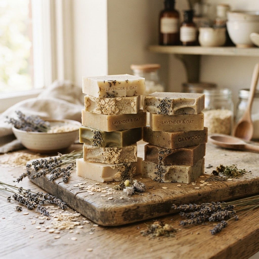 Handmade cold-process soap bars on a wooden cutting board with dried lavender
