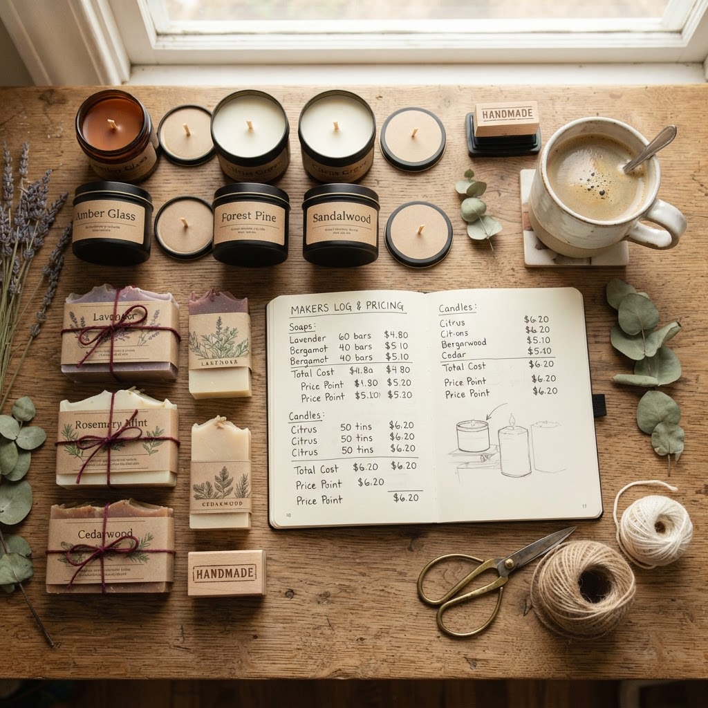 Artisan workspace flat lay with handmade products, notebook, and pricing calculations