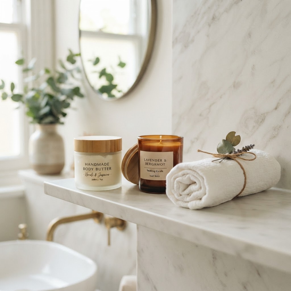 A luxury bathroom shelf featuring a glass jar of handmade body butter next to a minimalist scented candle and a rolled w