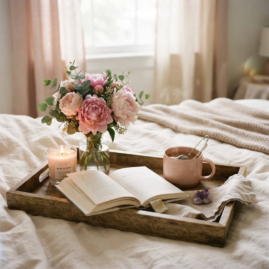 Serene morning self-care tray with candle, book, tea, and pink peonies in soft morning light