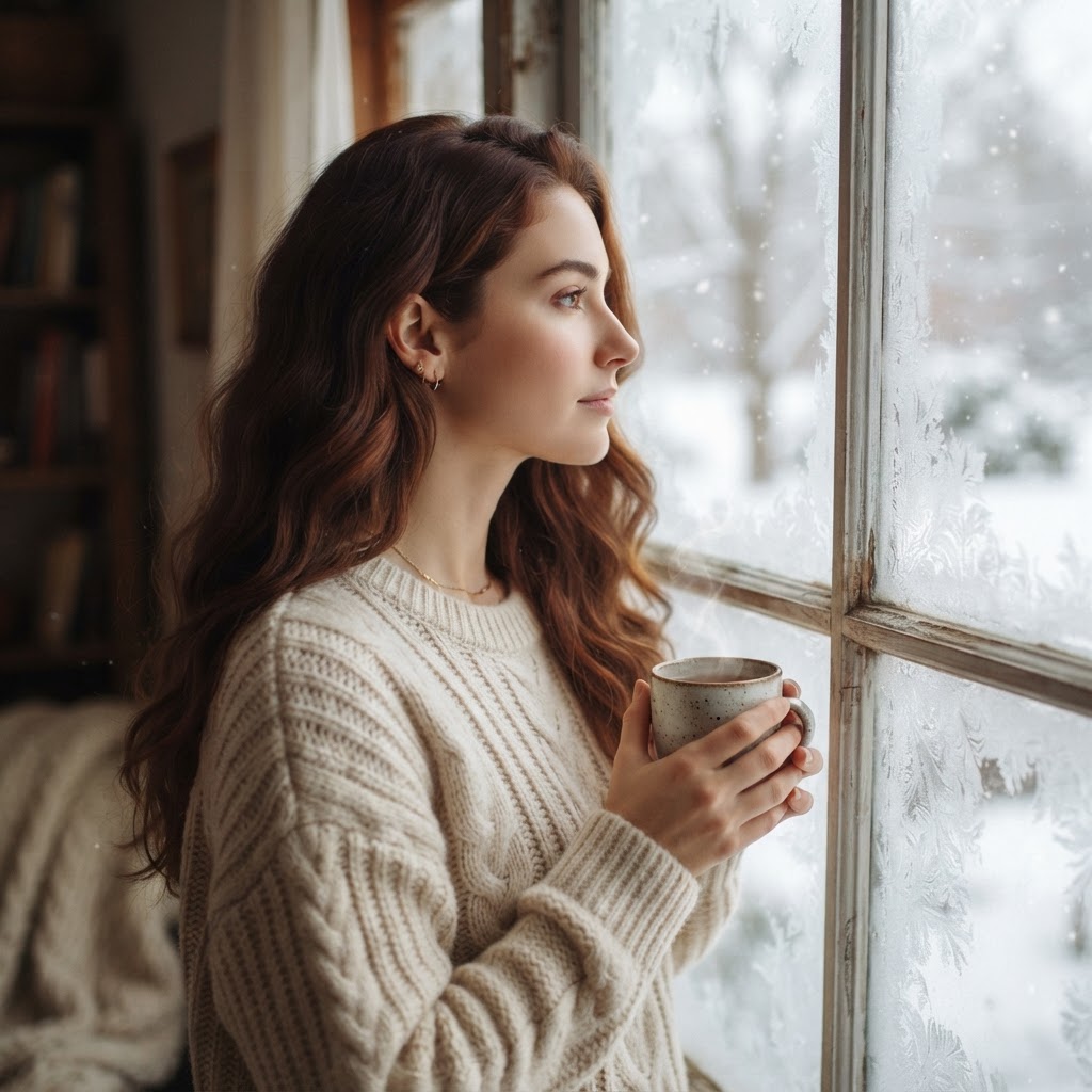 A woman with beautiful, hydrated hair looking out a frosted window, wearing a thick cream-colored cable-knit sweater, ho