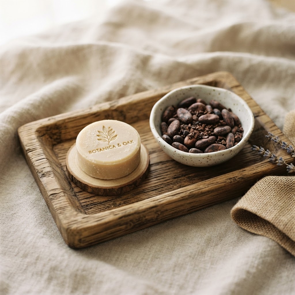 A beautiful, rustic wooden tray holding a solid lotion bar and a small bowl of raw cocoa beans, soft linen background, e
