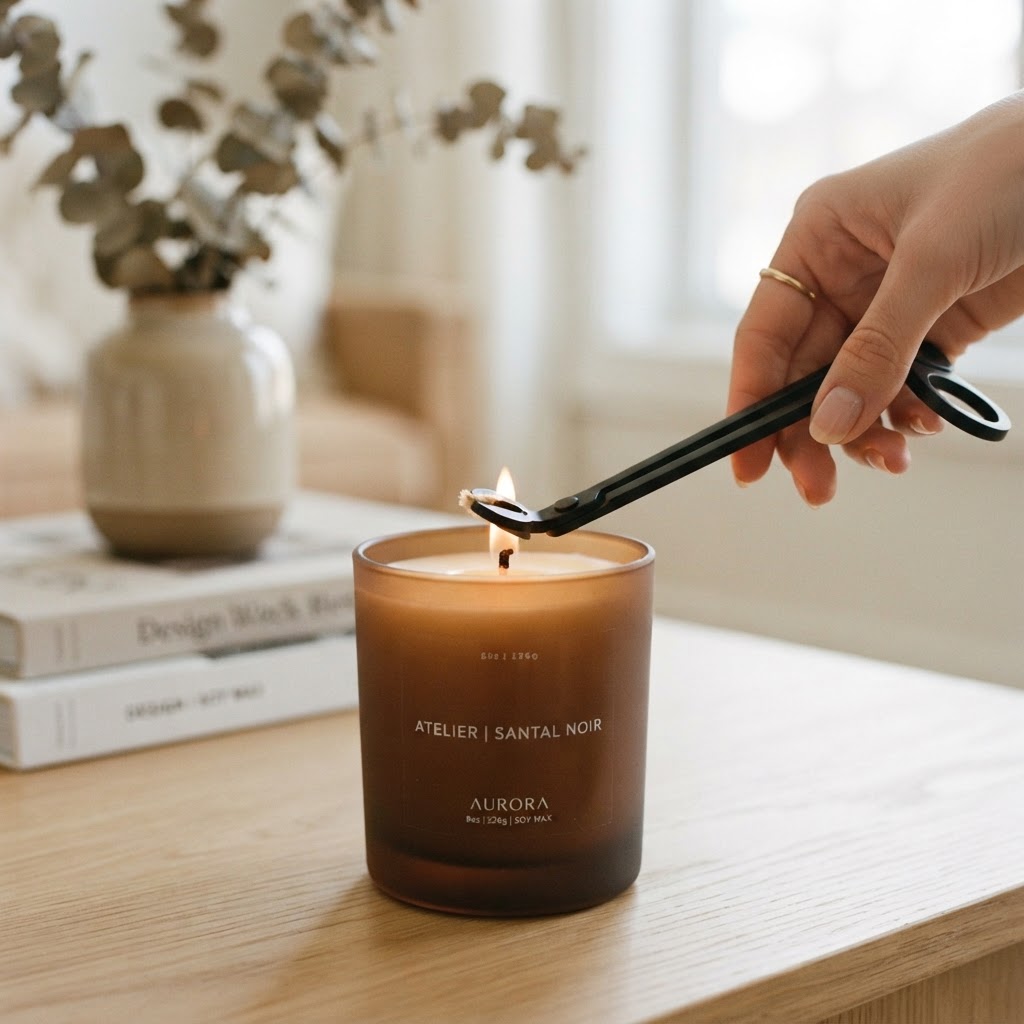 Close-up of a hand using a wick trimmer on a luxury candle, clean aesthetic, soft focus background.