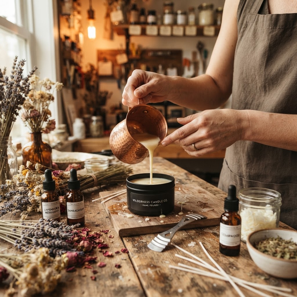 Artisan hands pouring melted wax into a candle tin on a wooden workbench