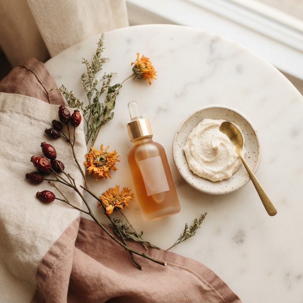 Seasonal skincare ritual — botanical body oil and body butter on marble