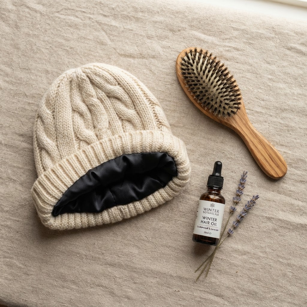 A flat lay of winter hair essentials: a silk-lined knit beanie, a wooden hairbrush, a bottle of fragrance oil, and a spr