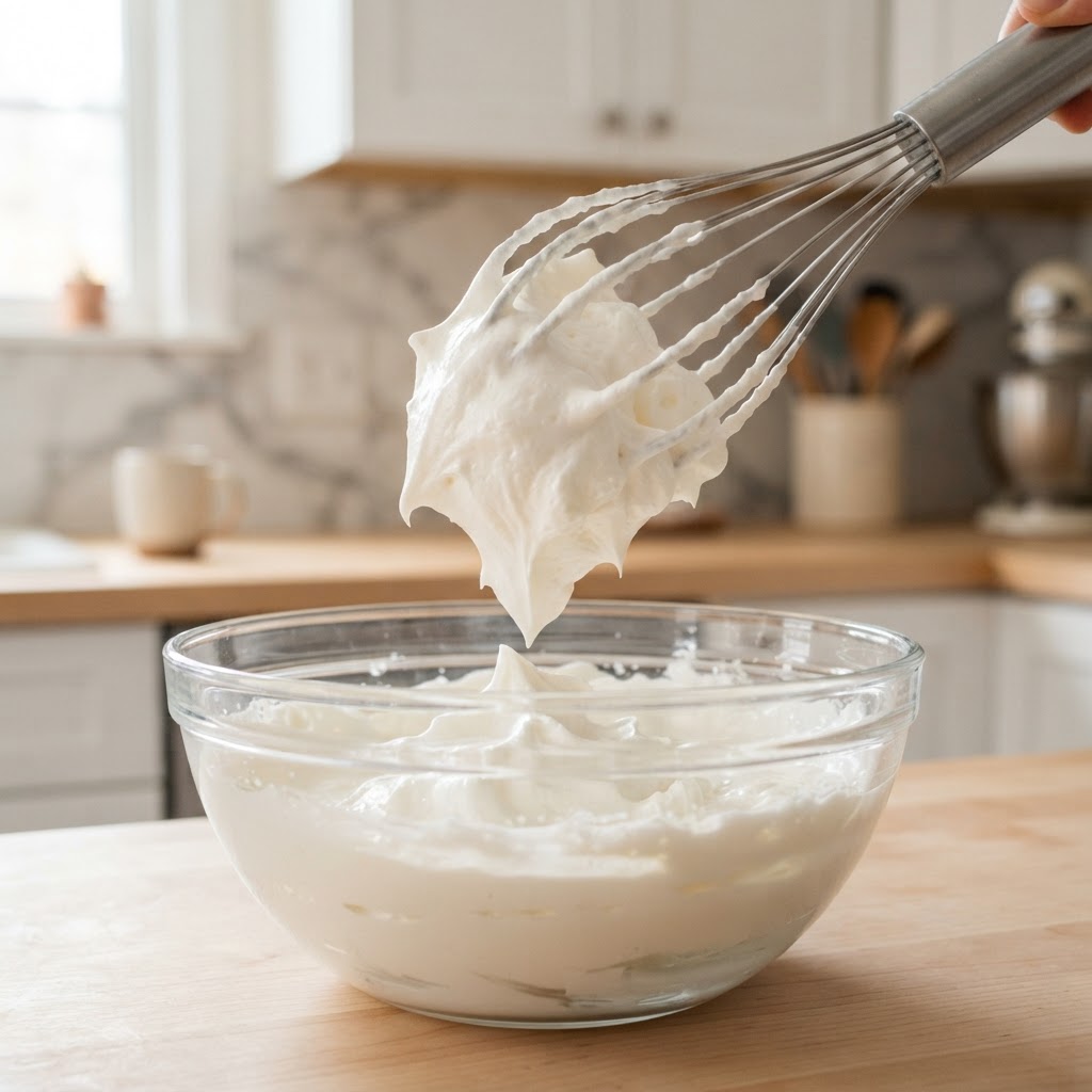 A close-up, photorealistic shot of a silver whisk lifting a dollop of airy, whipped white cream from a glass bowl. The t
