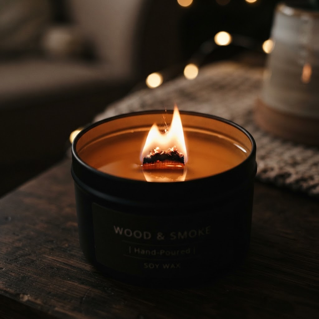 Lit wooden wick candle in a matte black tin with warm crackling flame