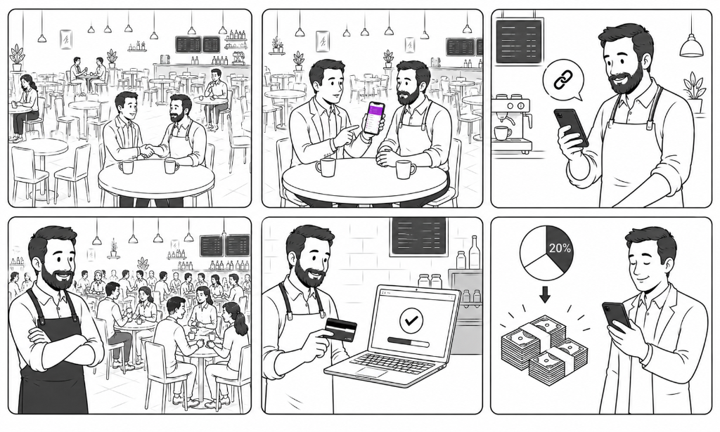 6-panel cartoon showing how to refer a restaurant to FAVEme