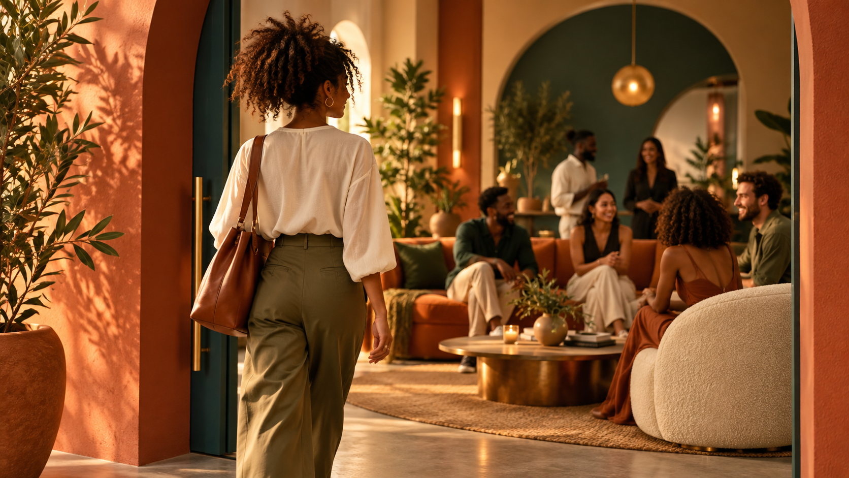 A woman walking into a warm lounge to join friends