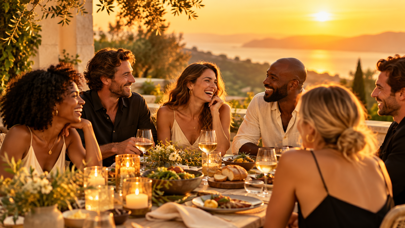 Friends laughing around a dinner table at sunset