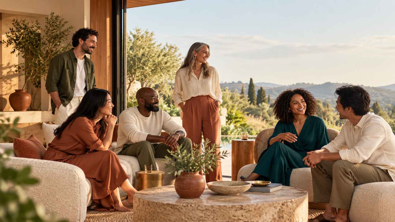 Friends of different ages and backgrounds talking together outdoors