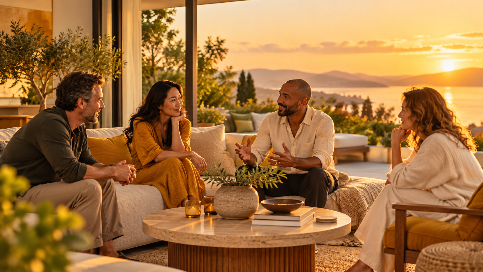 Friends in conversation on a terrace at sunset