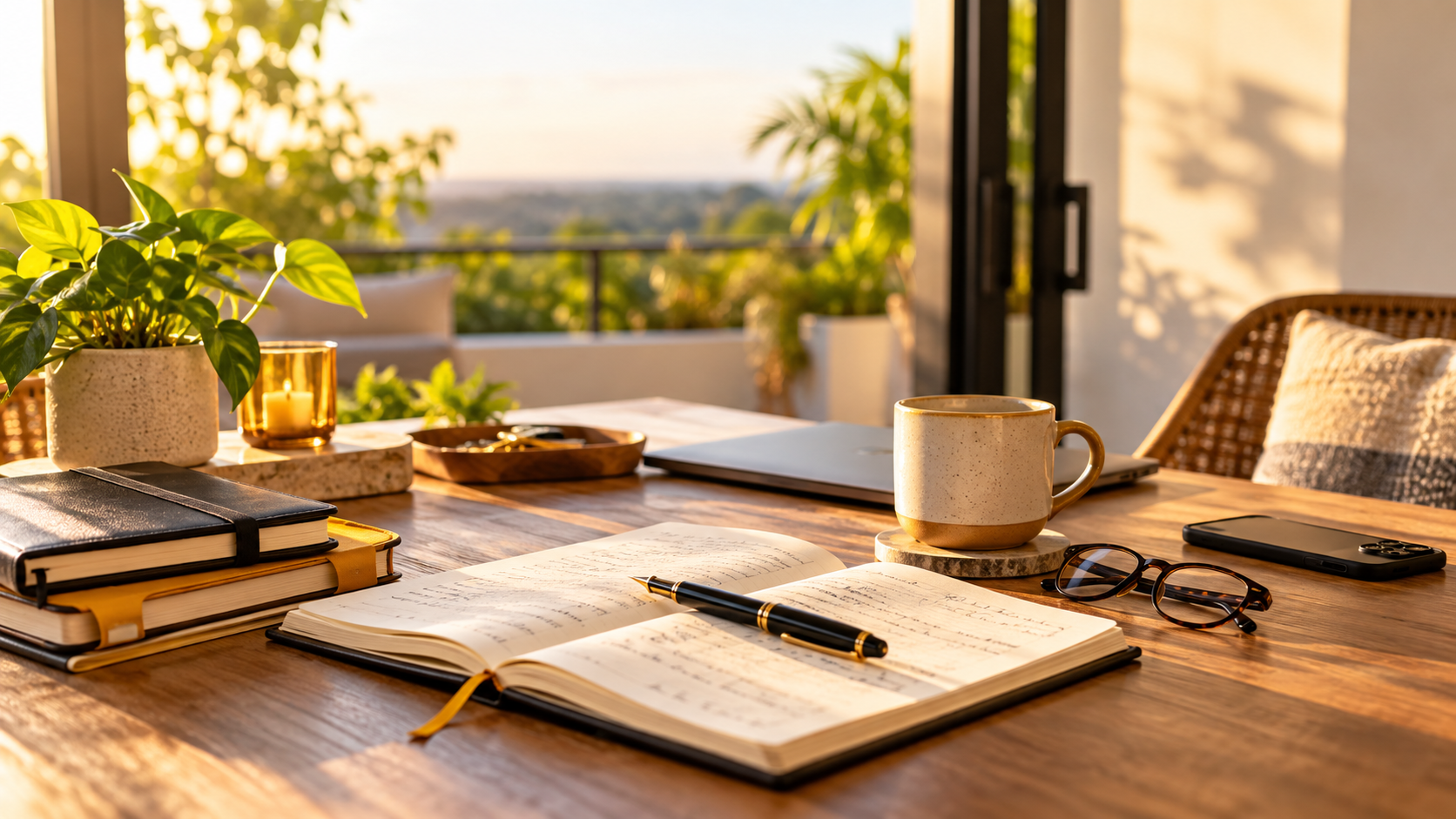 A journal open on a table in evening light