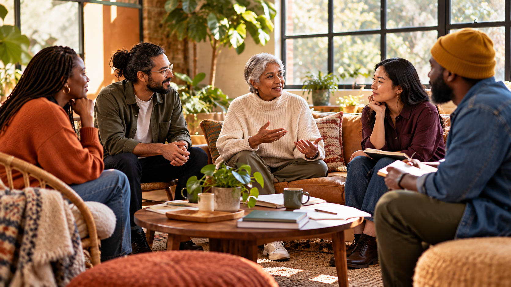 A small group listening to one person speak in a sunlit room