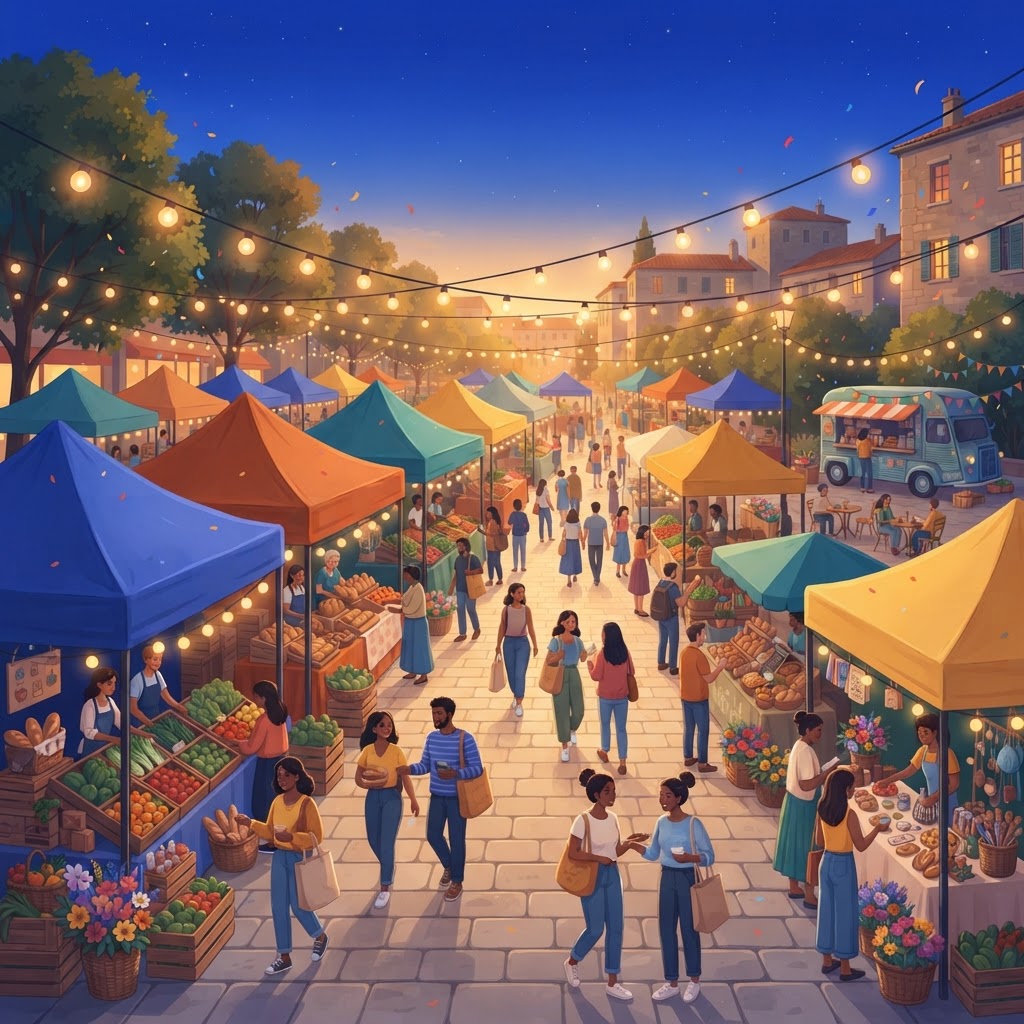 Illustration of an outdoor farmers market with rows of vendor tents and shoppers
