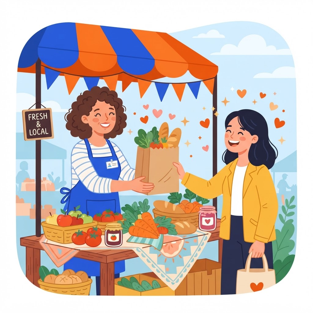 Illustration of a market vendor handing a bag of fresh produce to a smiling customer