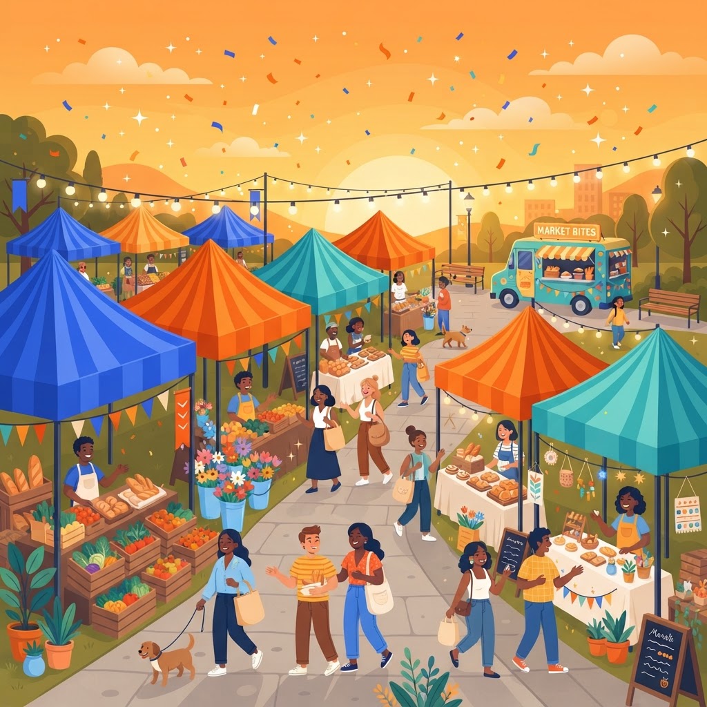 Illustration of a festive evening farmers market with stalls, shoppers, and a food truck