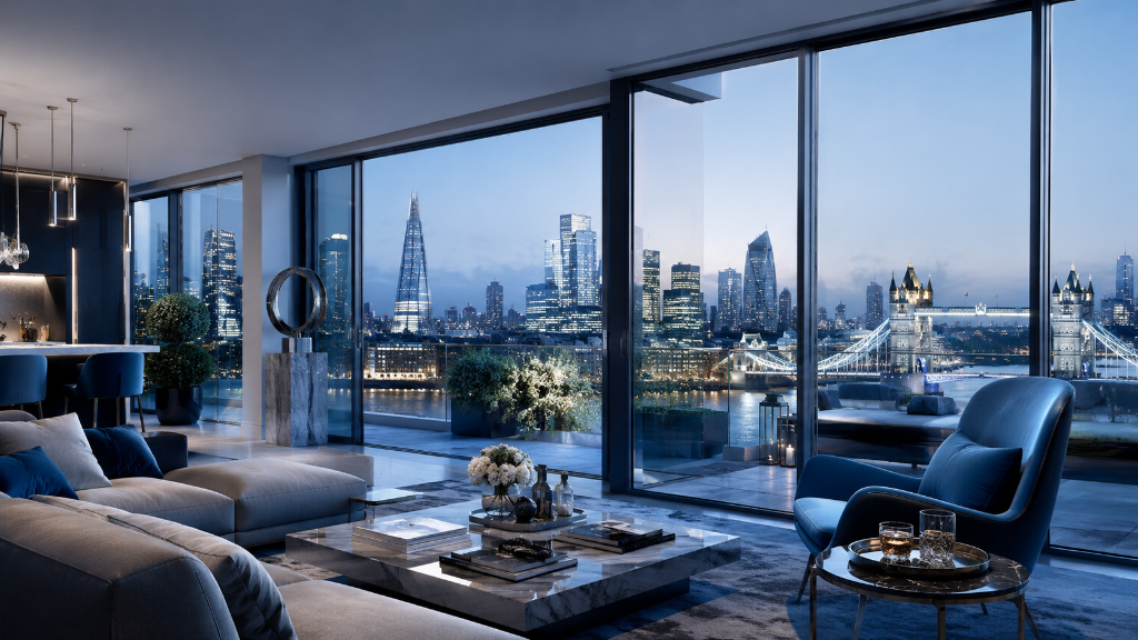 Luxury London apartment interior with panoramic skyline views at dusk