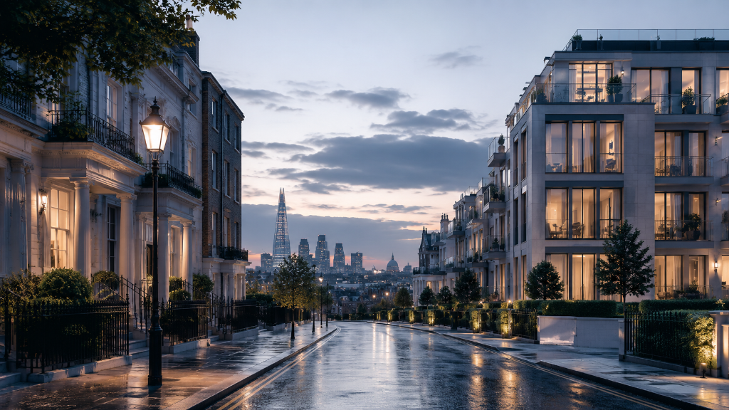 Luxury London residential street at dusk with The Shard on the horizon
