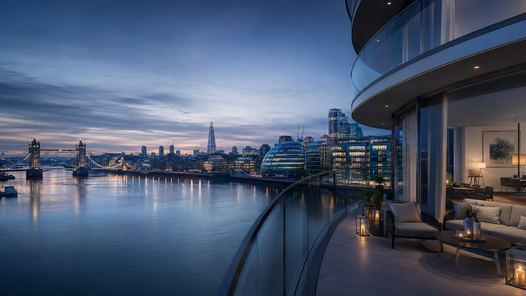 Luxury apartment balcony overlooking the River Thames and Tower Bridge at twilight