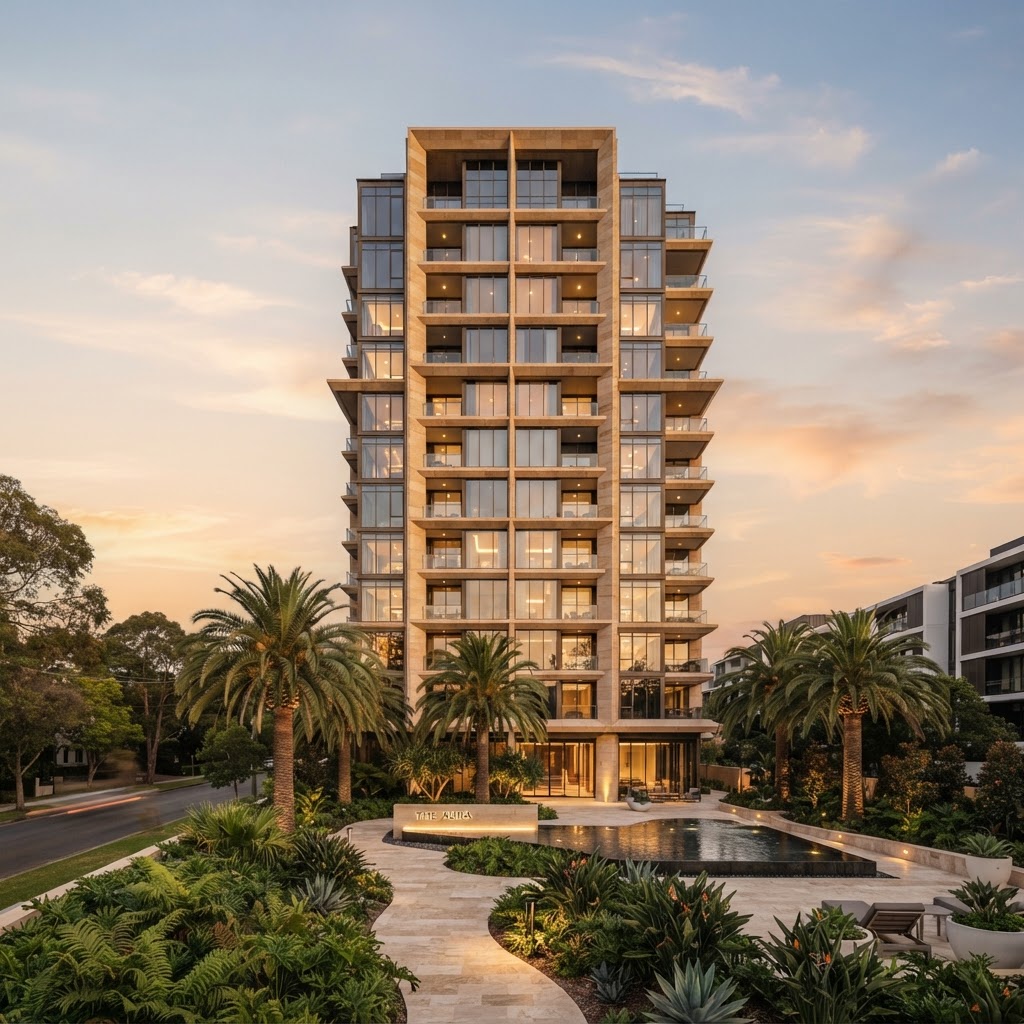 Modern apartment building at golden hour
