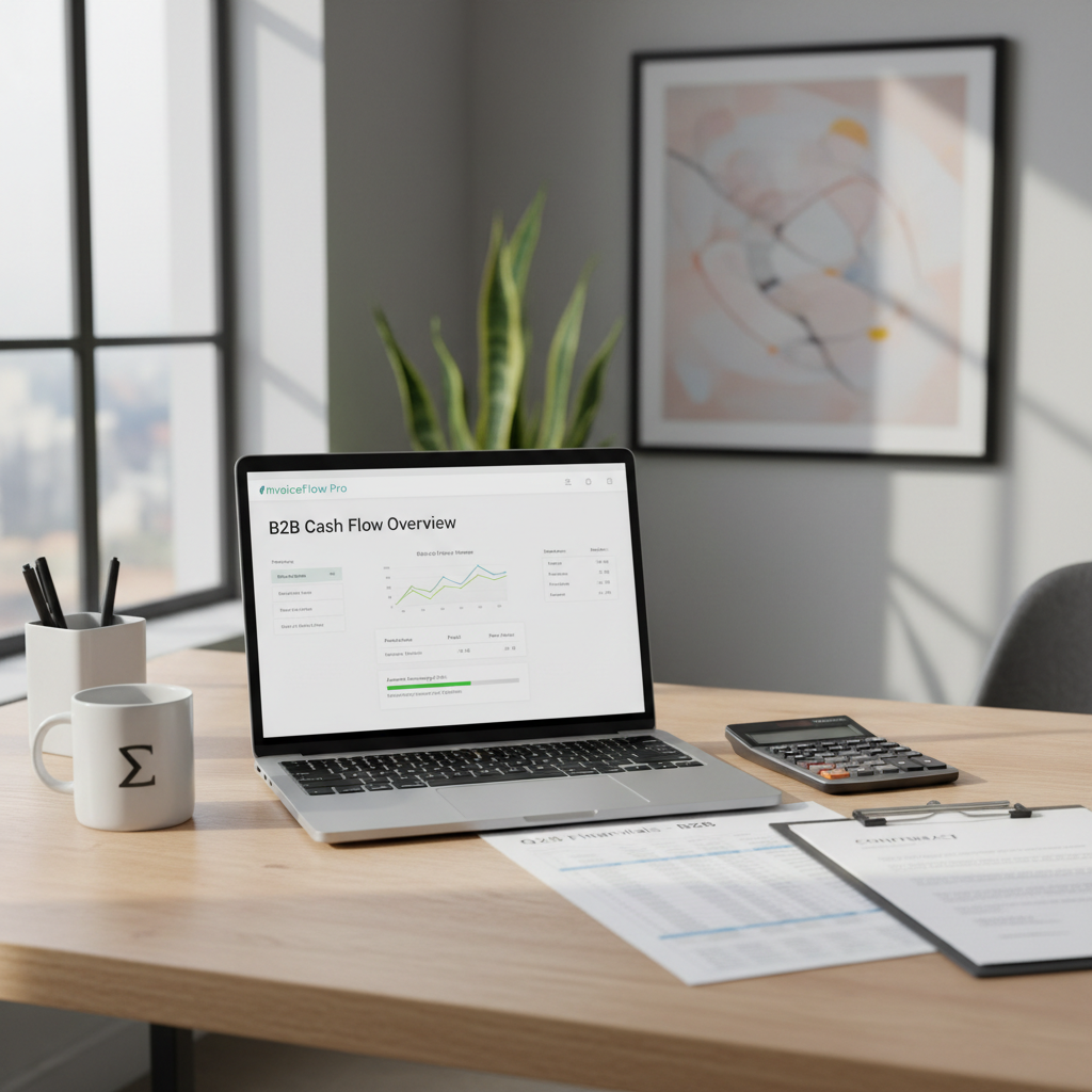 Office desk with invoice processing software and financial documents