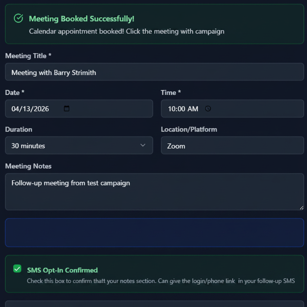 Meeting booked form with SMS Opt-In Confirmed checkbox