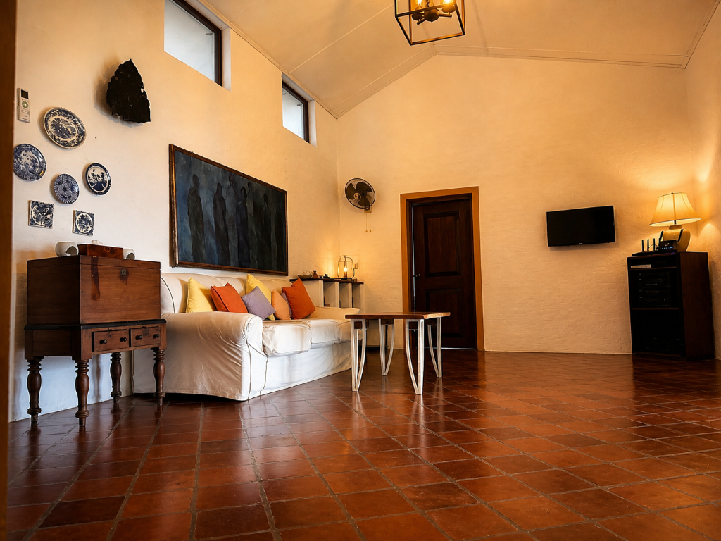 Elegant dining room with stone wall and wooden furniture