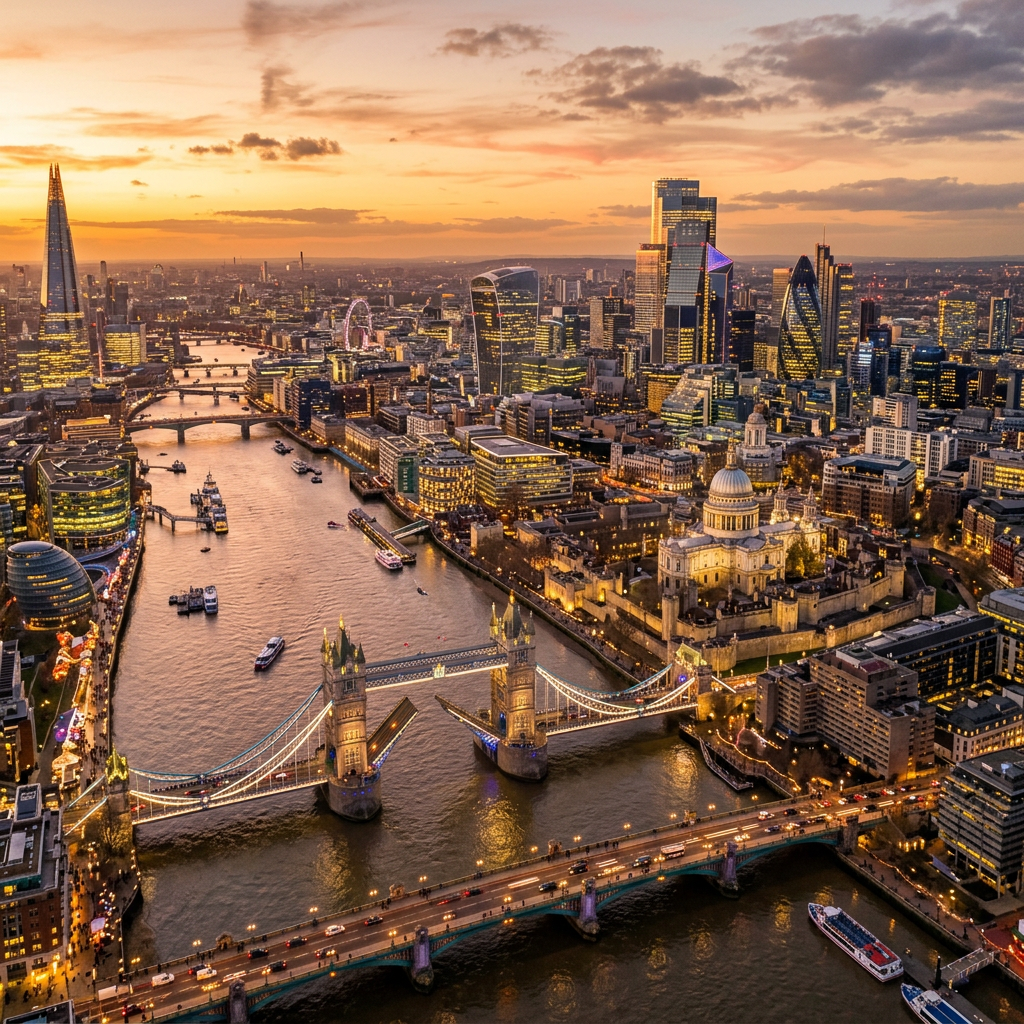 Aerial view of the City of London at golden hour