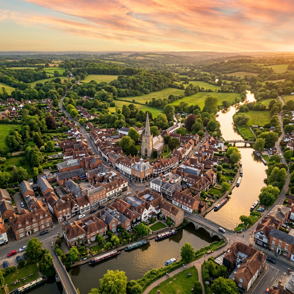 Aerial view of Godalming, Surrey at golden hour