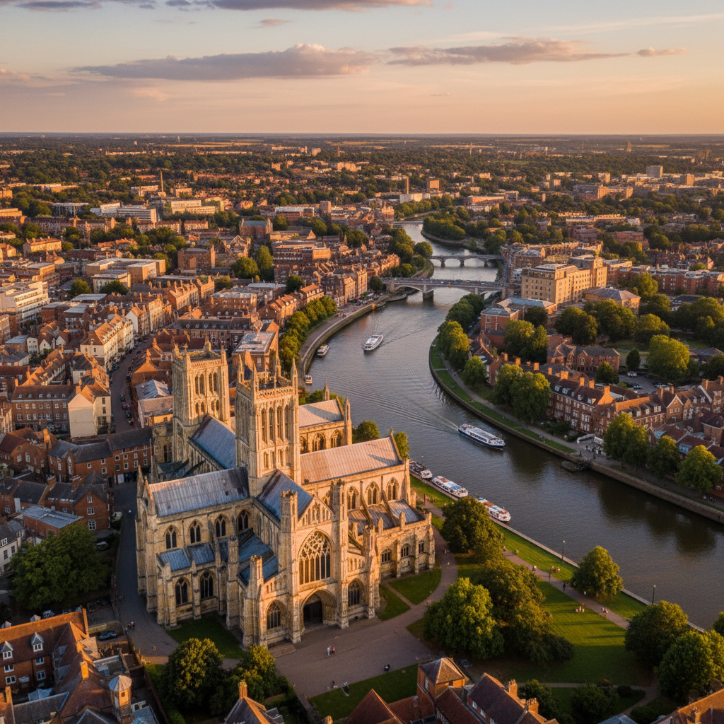 Aerial view of Peterborough Cathedral and city at golden hour