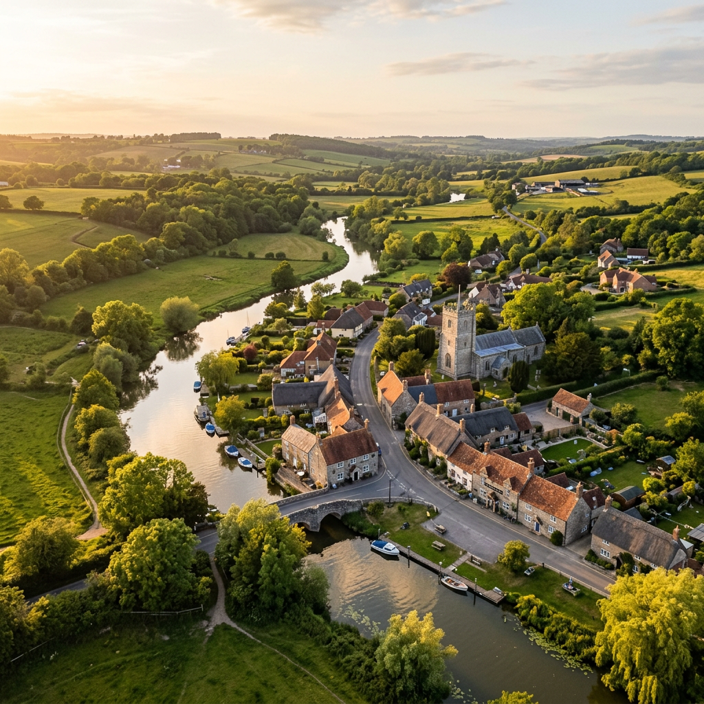 Aerial view of Charlton Marshall, Dorset at golden hour