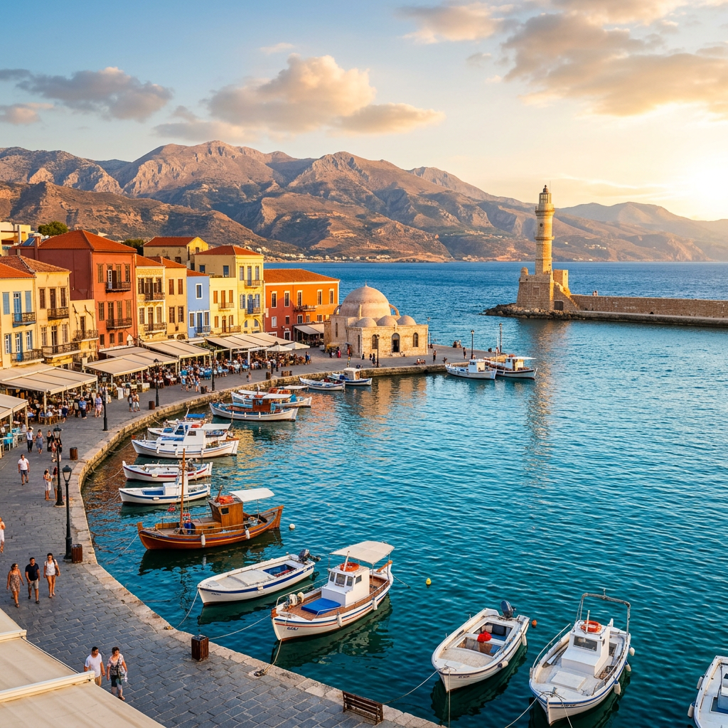 Scenic view of Chania, Greece with vibrant harbor and mountains.
