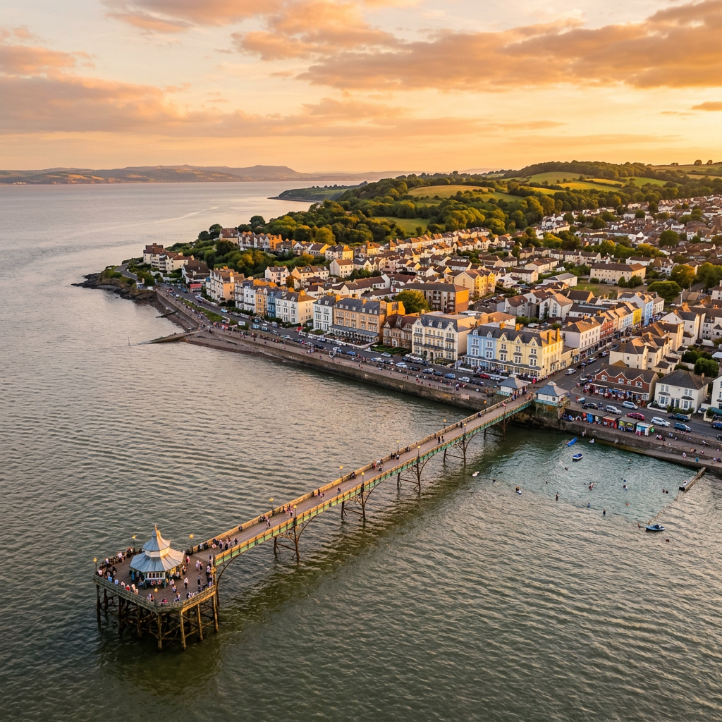 Aerial view of Clevedon, Somerset at golden hour