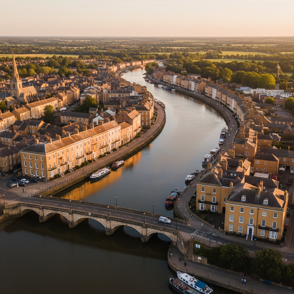 Aerial view of Wisbech, Cambridgeshire at golden hour