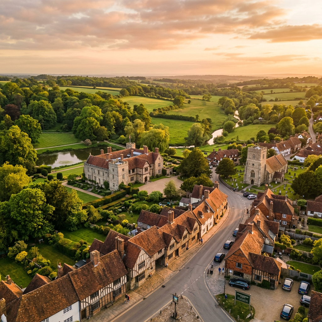 Aerial view of Chiddingstone, Kent at golden hour