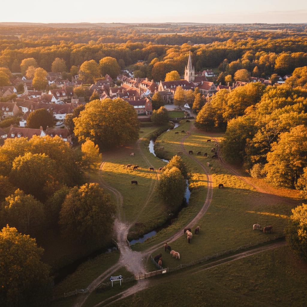 Aerial view of Lyndhurst, New Forest at golden hour