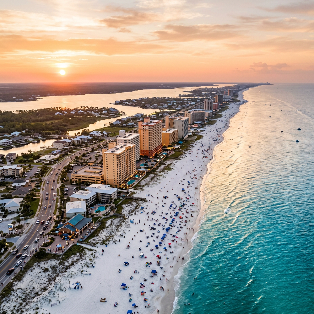 Aerial view of Gulf Shores Alabama white sand beach and Gulf of Mexico at golden hour